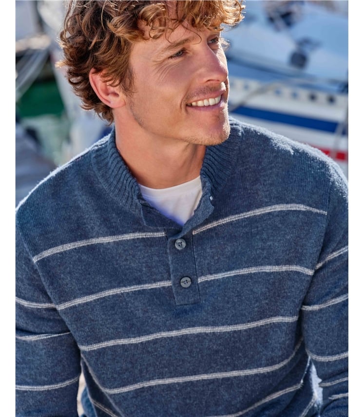 Pull à col boutonné et rayures simples - Homme - Pure Laine D'agneau