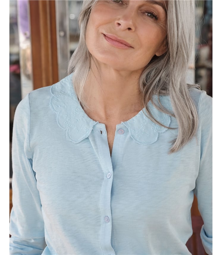 Jersey-Top mit floralem Bubikragen