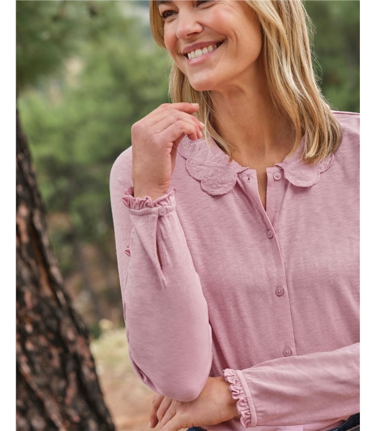 Jersey-Top mit floralem Bubikragen