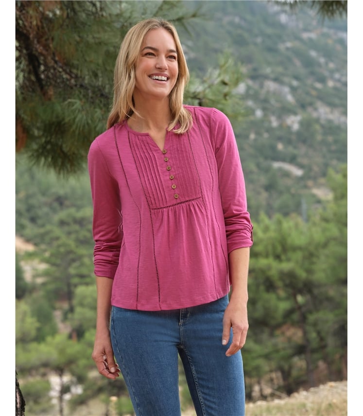 Tab Sleeve Pintuck Detail Jersey Top