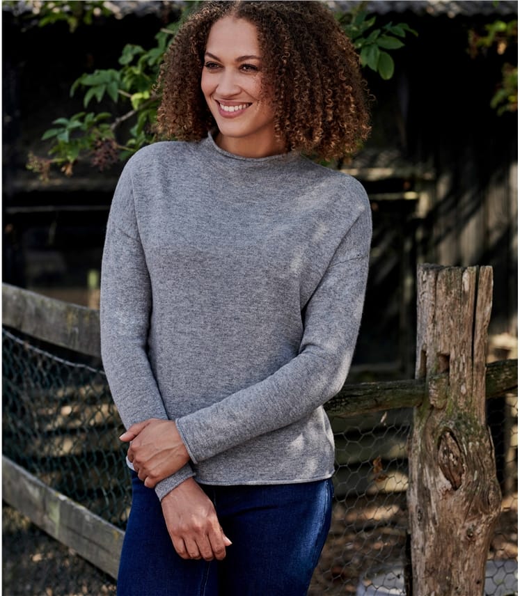 Grey Marl Cashmere Merino Mock Neck Jumper WoolOvers UK