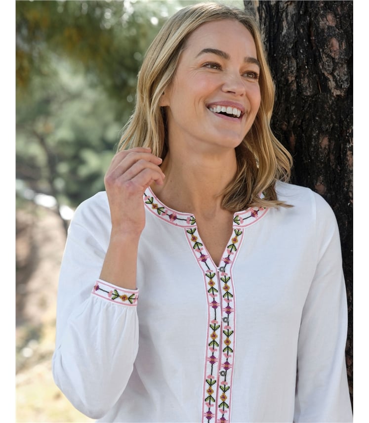 Embroidered Button Through Top