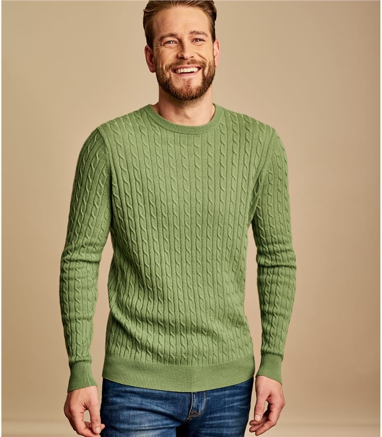 Pear Green | Mens Cashmere & Merino Cable Crew Neck Sweater | WoolOvers US
