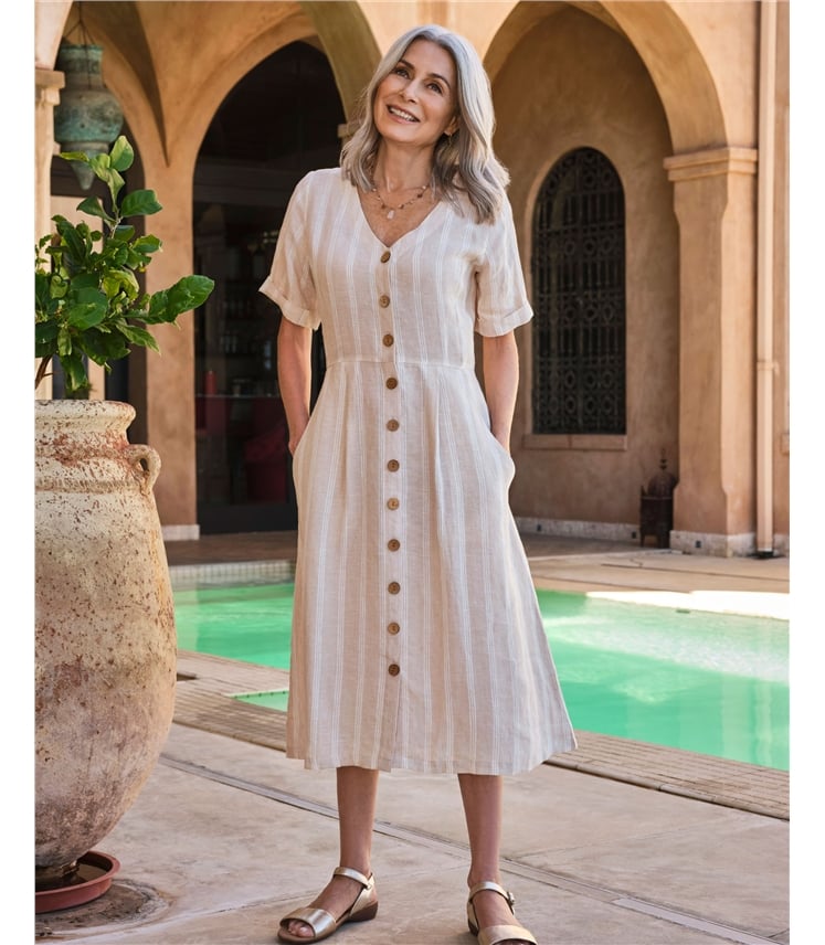 Robe boutonnée en lin à col en V - Femme