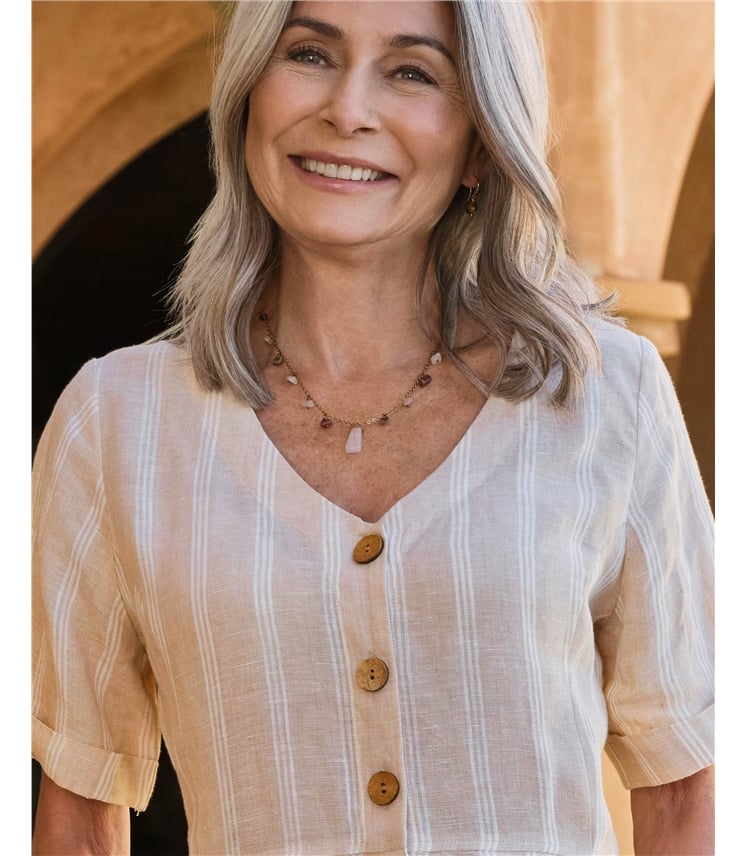 Robe boutonnée en lin à col en V - Femme