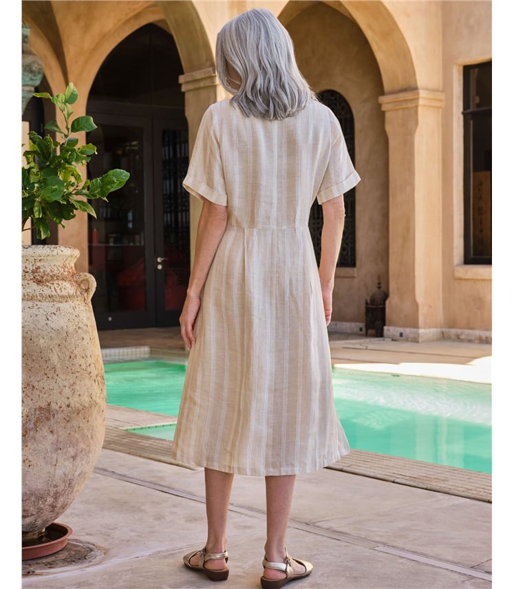 Robe boutonnée en lin à col en V - Femme