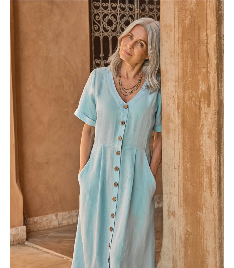 Robe boutonnée en lin à col en V - Femme