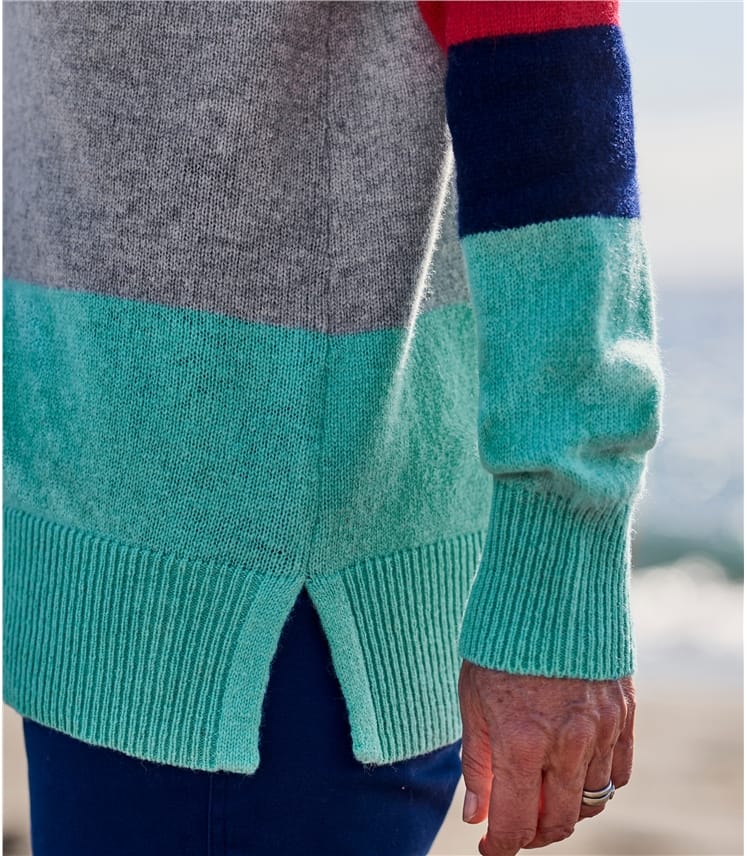 Grey/Turquoise/Red Womens Colour Block Pocket Jumper WoolOvers UK