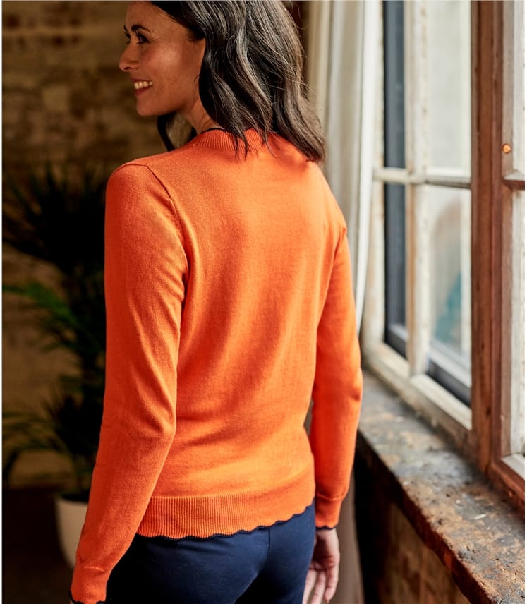 Orange/Navy Womens Cotton Cashmere Scalloped Neck Jumper WoolOvers UK