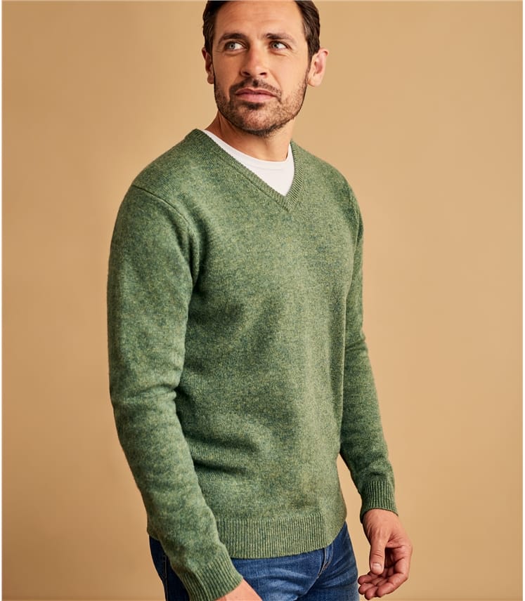 Mid Pea Marl | Mens Lambswool V Neck Knitted Sweater | WoolOvers AU