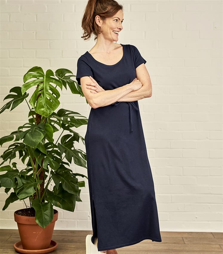 Navy Womens Maxi Tie Waist Jersey Dress WoolOvers UK