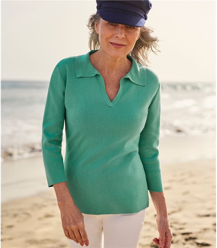 Cotton Cashmere Open Polo Neck Top