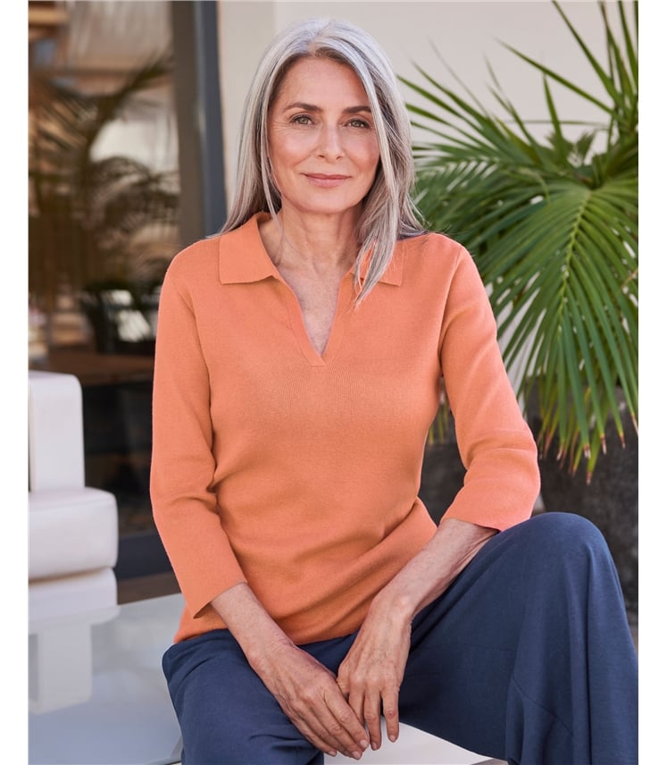 Cotton Cashmere Open Polo Neck Top