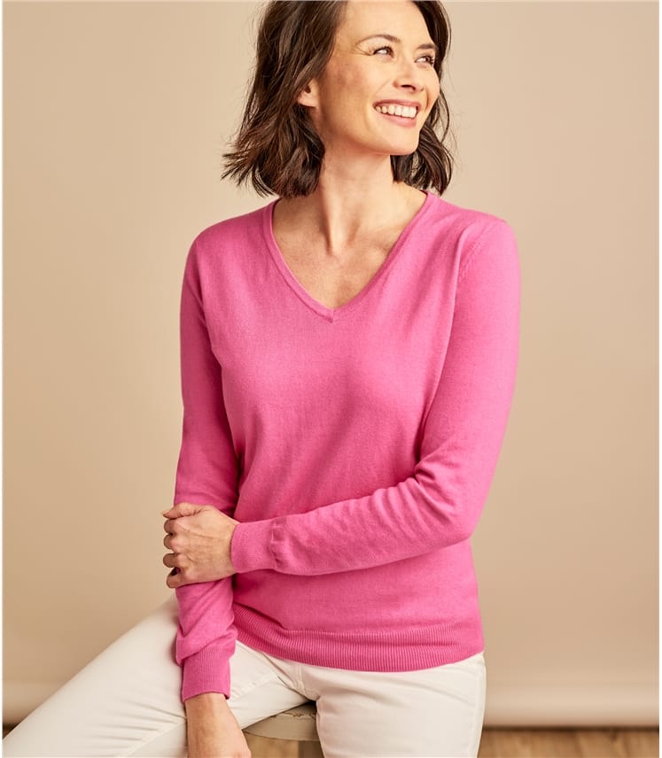 Bright Pink 10% Cashmere & 90% Cotton | Womens Cashmere & Cotton V Neck ...