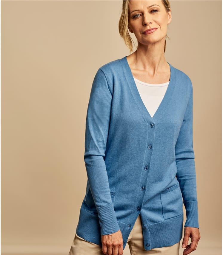 Cadet Blue | Womens Silk & Cotton Long Cardigan | WoolOvers UK