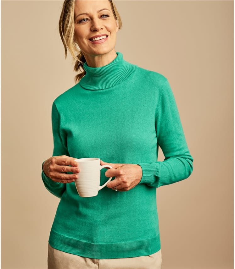 Soft Jade | Womens Silk & Cotton Polo Neck Jumper | WoolOvers UK