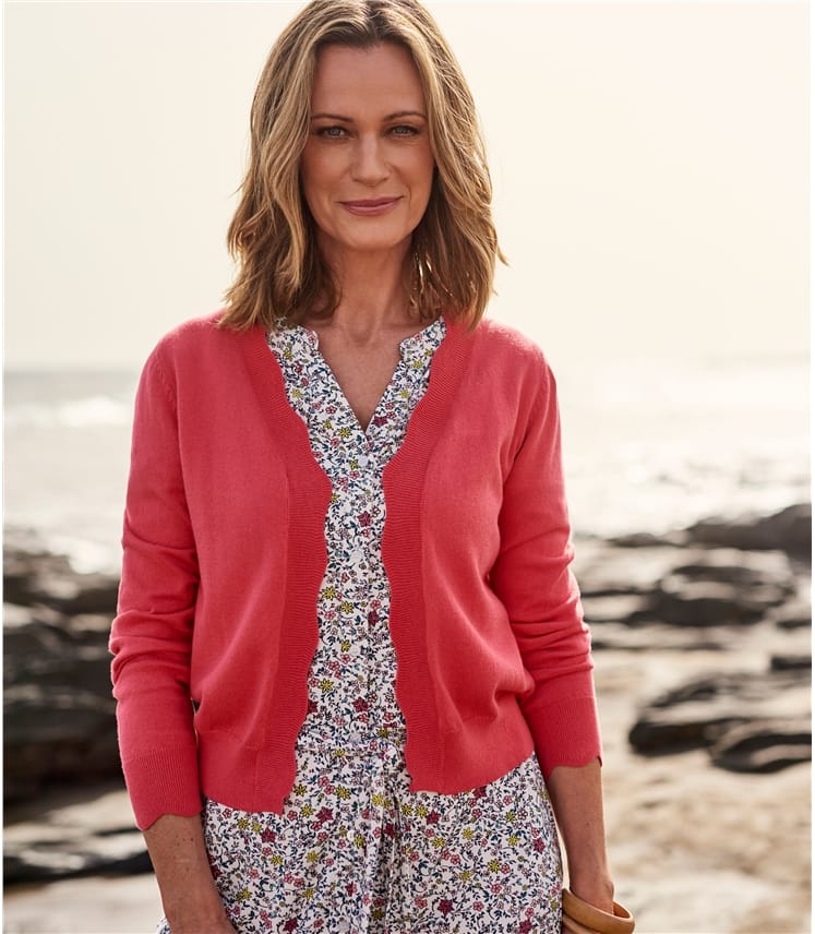 Coral Pink | Womens Cotton Cashmere Scalloped Edge To Edge Cardigan ...