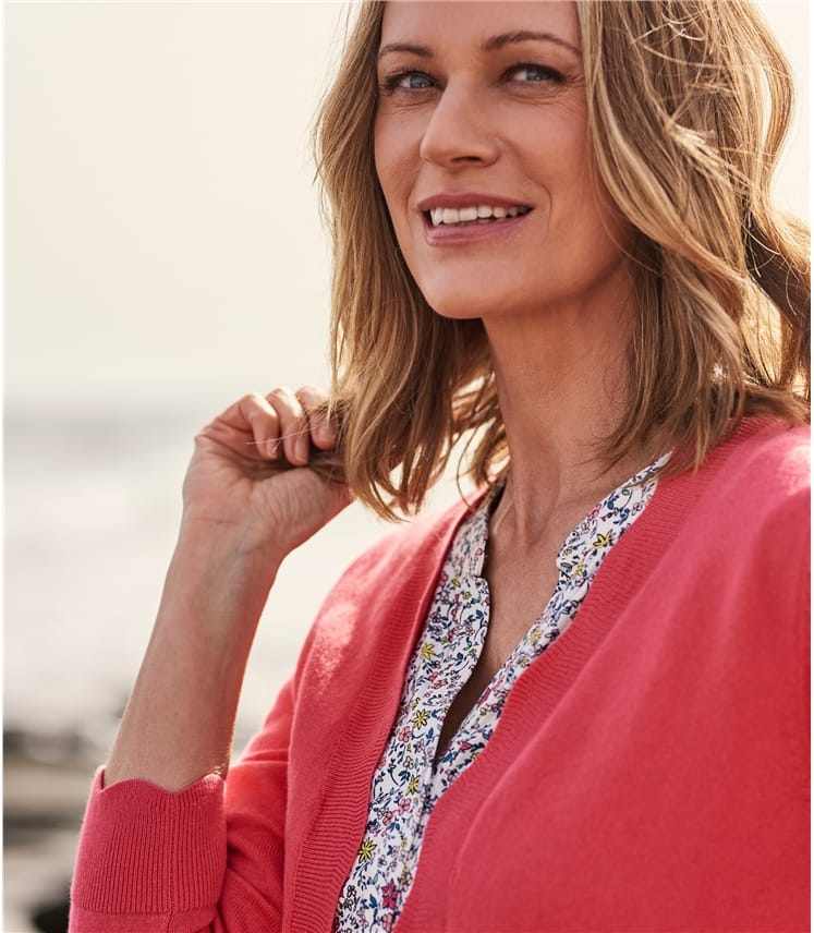 Coral Pink Womens Cotton Cashmere Scalloped Edge To Edge Cardigan
