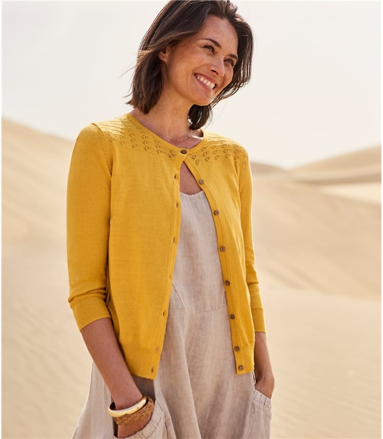 Golden Yellow Womens Linen Blend Pointelle Cardigan WoolOvers US