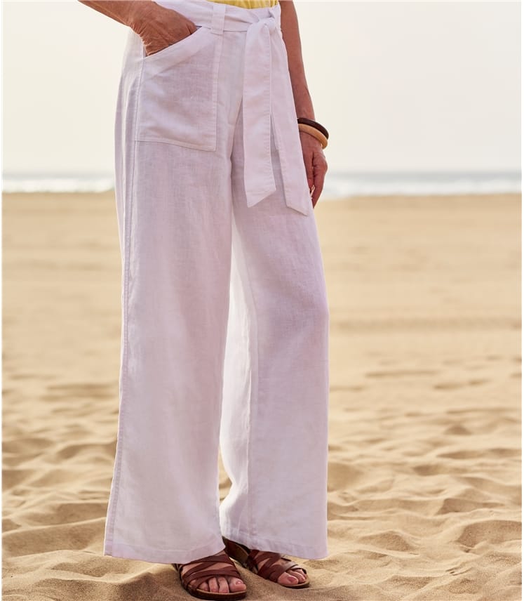 White 100 Linen Womens Wide Leg Linen Trousers