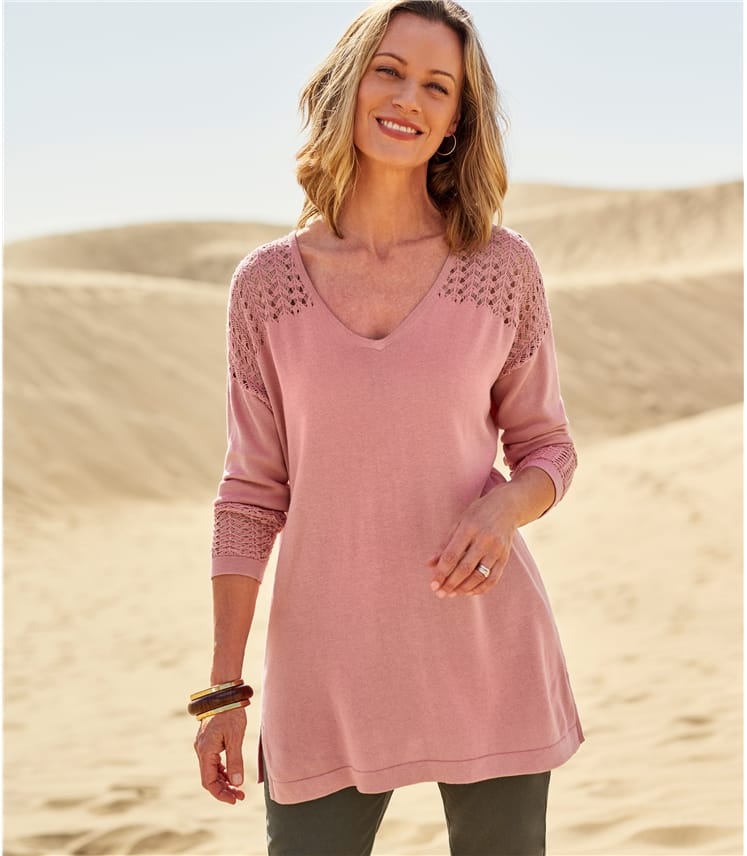 Misty Pink Womens Cotton & Viscose Pointelle Panel Jumper WoolOvers UK
