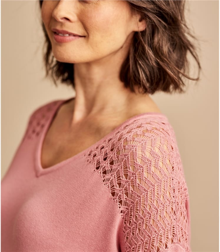 Misty Pink Womens Cotton & Viscose Pointelle Panel Jumper WoolOvers UK