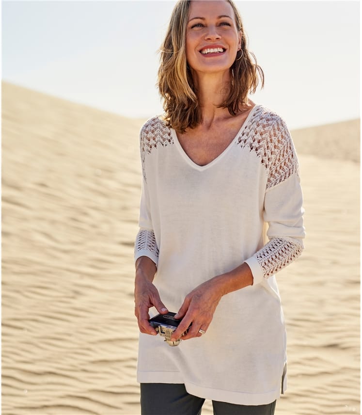 Cream 60 Viscose 40 Cotton Cotton & Viscose Pointelle Panel Jumper