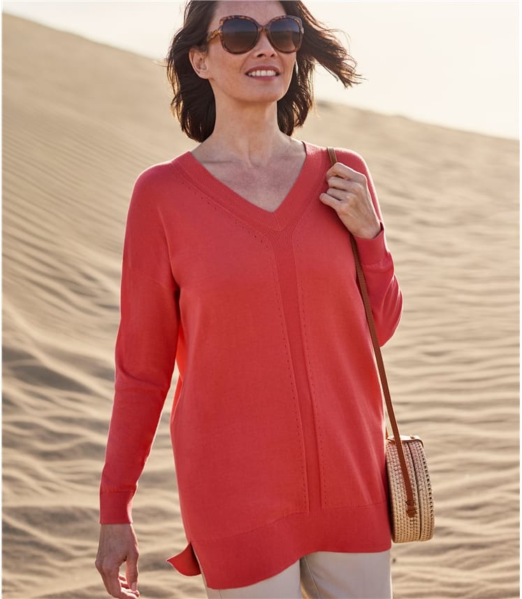 Washed Coral Womens 100 Organic Cotton Pointelle V Neck Jumper