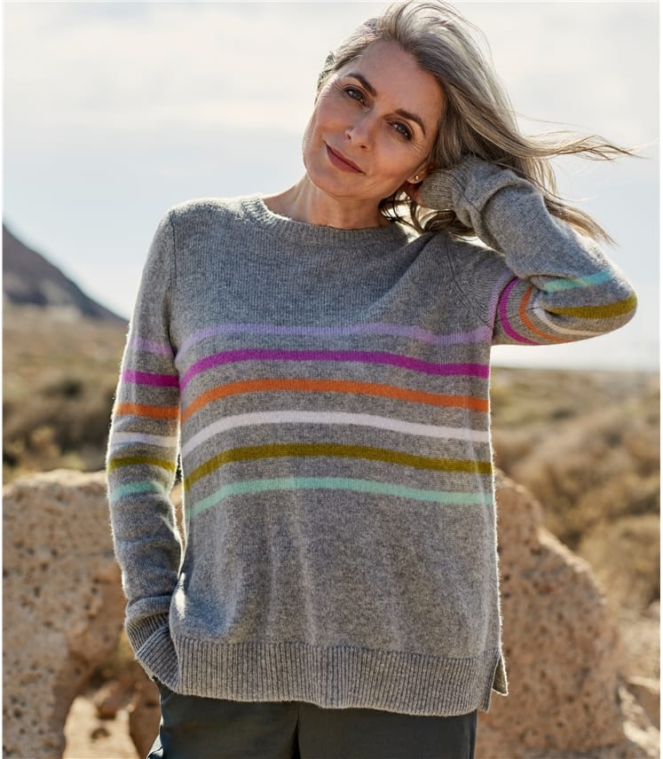 Grey Multi Stripe | Womens Pure Merino Stripe Sweater | WoolOvers US