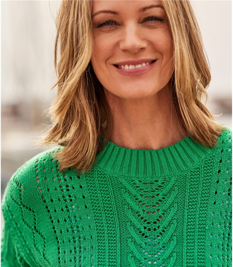 Palm Green Womens 100 Cotton Pointelle Boxy Crew Neck Jumper