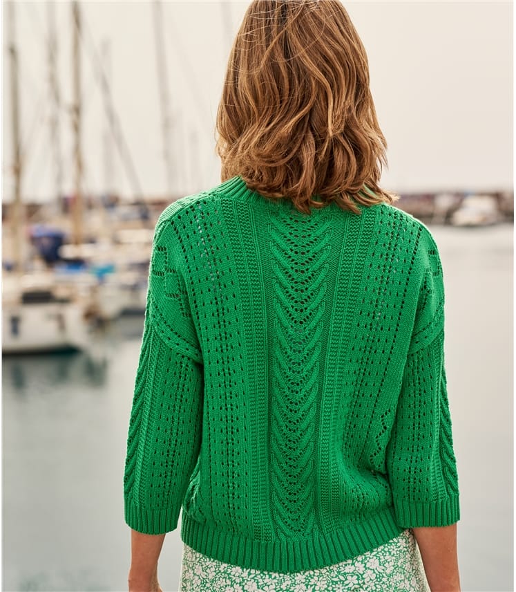 Palm Green Womens 100 Cotton Pointelle Boxy Crew Neck Jumper