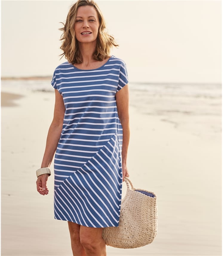 Blue/White | Womens Stripe Tshirt Dress | WoolOvers UK