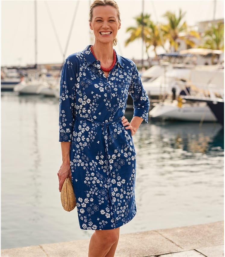 Blue Floral Print | Womens Jersey Shirt Dress | WoolOvers UK