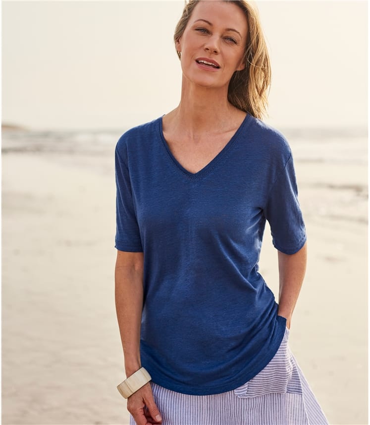 Navy Womens Linen Jersey V Neck Top WoolOvers AU