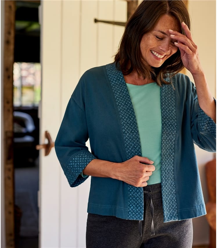 Teal | Womens Embroidered Jersey Jacket | WoolOvers UK