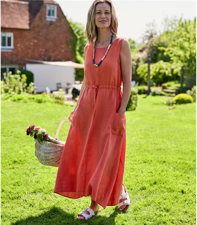 Papaya Womens Linen Pocket Tie Waist Dress WoolOvers UK