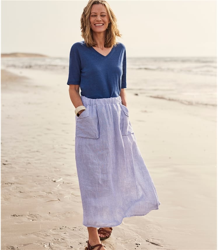 Blue Stripe | Womens Pocket Linen Skirt | WoolOvers UK
