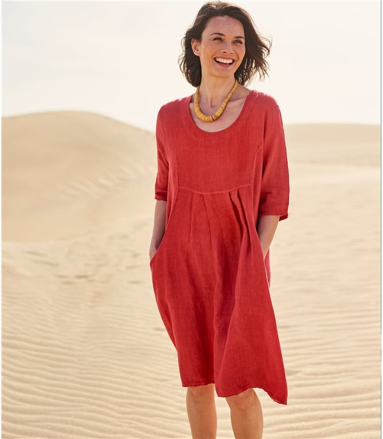 Hot Coral | Womens Linen Pocket Tunic Dress | WoolOvers UK