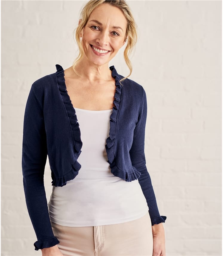 Navy Womens Silk Cotton Frill Edge Bolero WoolOvers UK