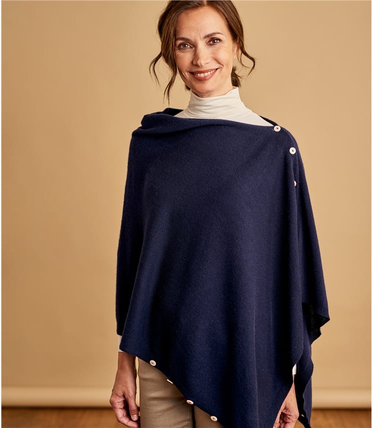 Navy | Womens Cashmere & Merino Button Poncho | WoolOvers US