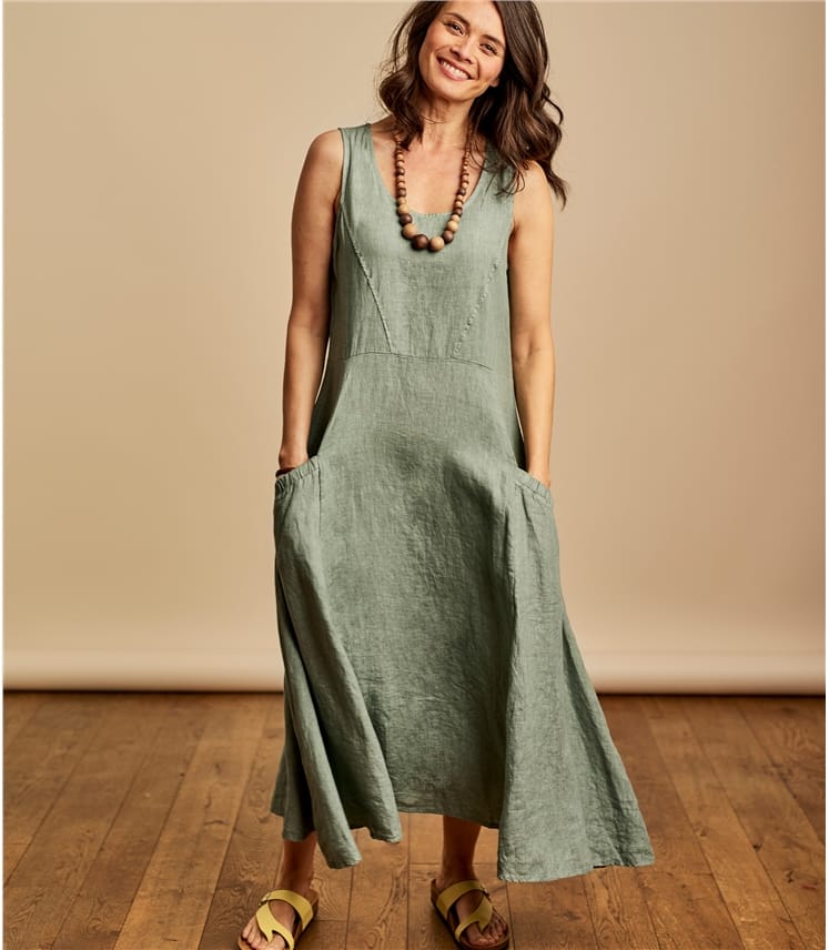 Verdigris 100% Linen | Womens Pocket Pinafore Dress