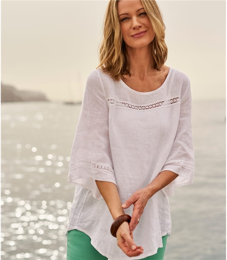 White | Womens Lace Insert Floaty Linen Top | WoolOvers AU