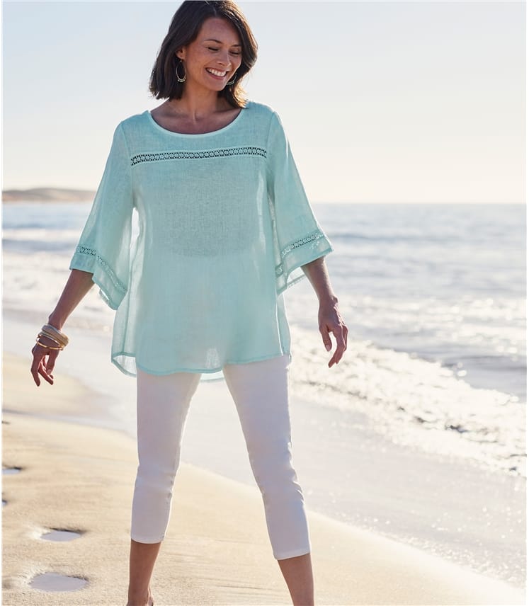 Mint | Womens Lace Insert Floaty Linen Top | WoolOvers UK