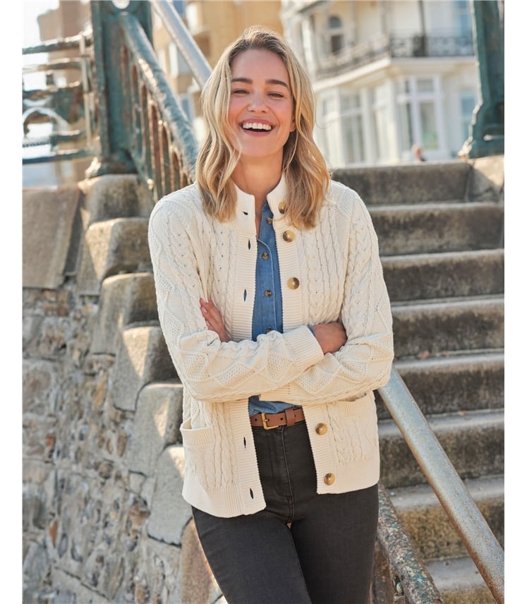 Cable Cotton Button Neck Cardigan