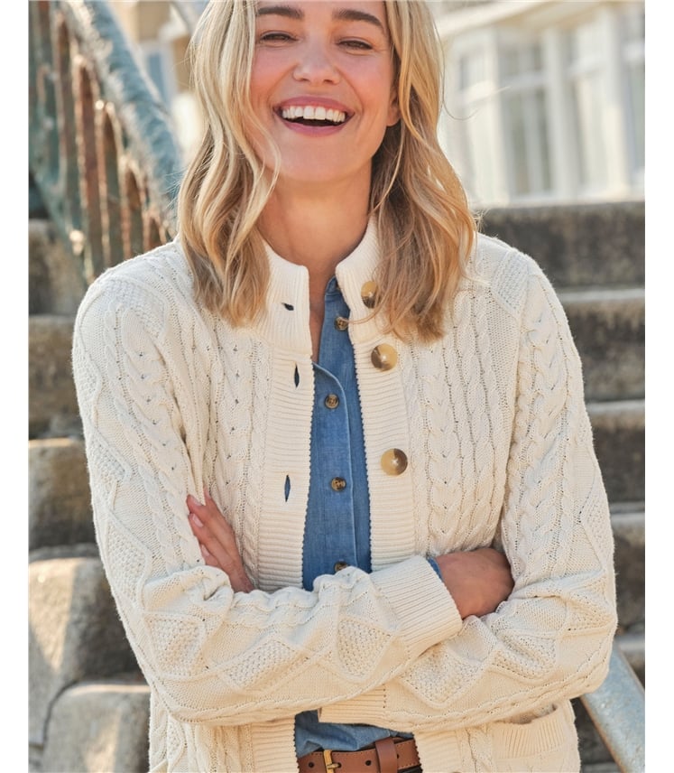 Cable Cotton Button Neck Cardigan