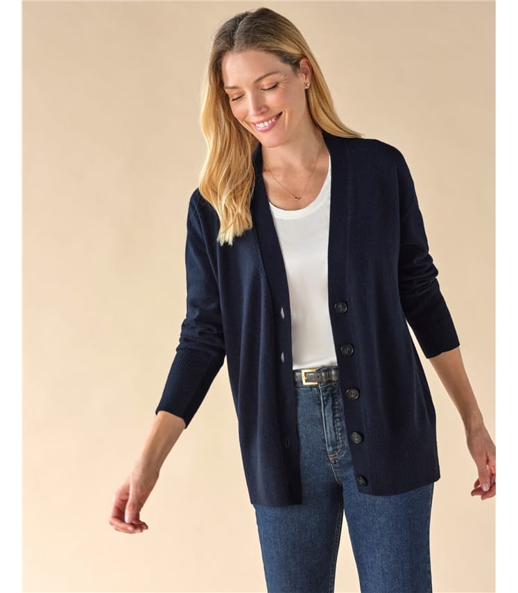 philme mix knit cardigan (unisex、navy) Midnight Navy | Pure Cashmere Boyfriend Cardigan | WoolOvers US