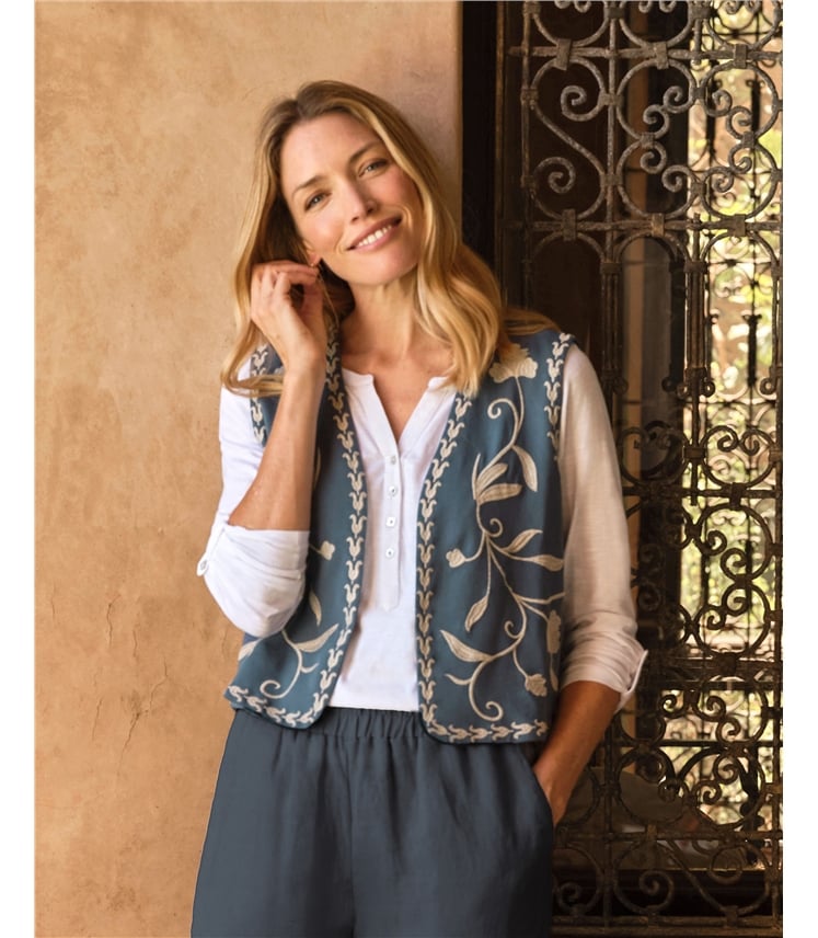 Gilet en jersey brodé - Femme - 100 % coton