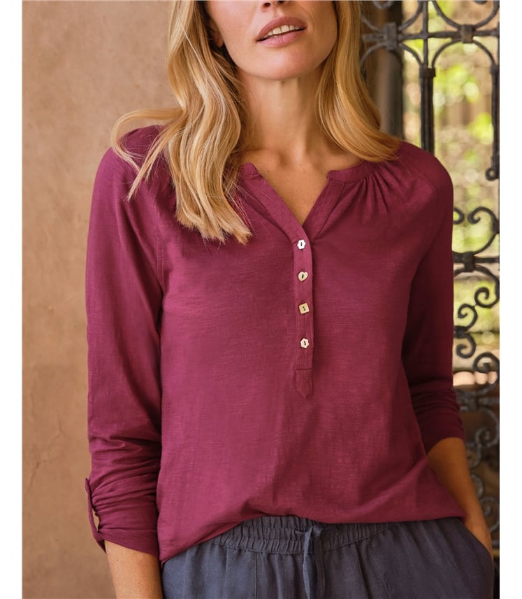 Notch Neck Long Sleeve Jersey Top