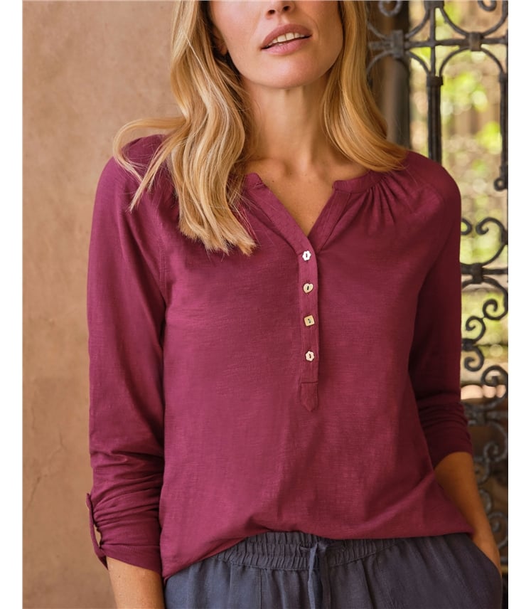 Langarm-Jersey-Oberteil mit gekerbten Ausschnitt