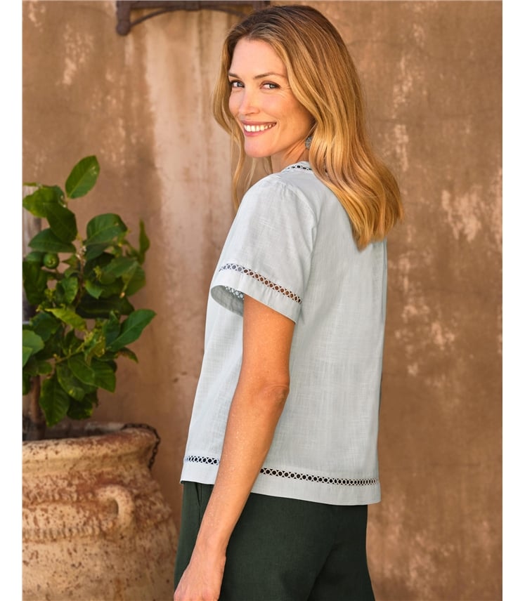 Embroidered Notch Neck Linen Top